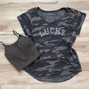 Lucky Brand Women's Gray Camo and 'Lucky’ Graphic Tee